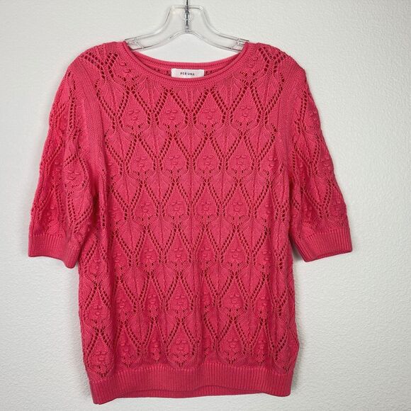 M&S Per Una Open Knit Sweater Women's US S UK M Pink Coral Cotton Short Sleeves - Picture 1 of 8